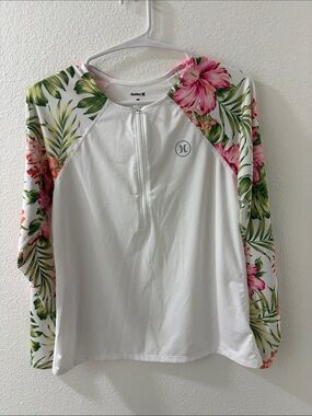 Hurley Women's White Rash Guard with Tropical Floral Sleeves